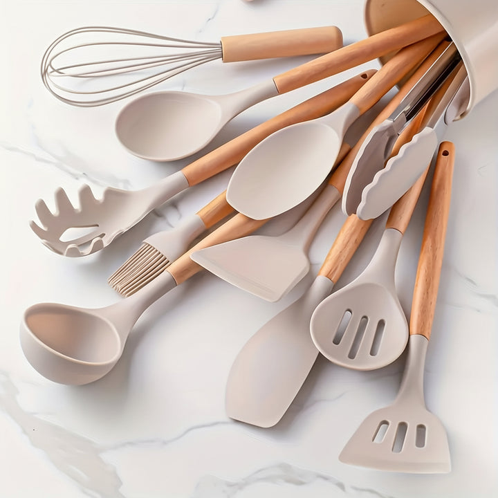 Kitchen Utensil Set Silicone Cooking Tools Wooden Handles