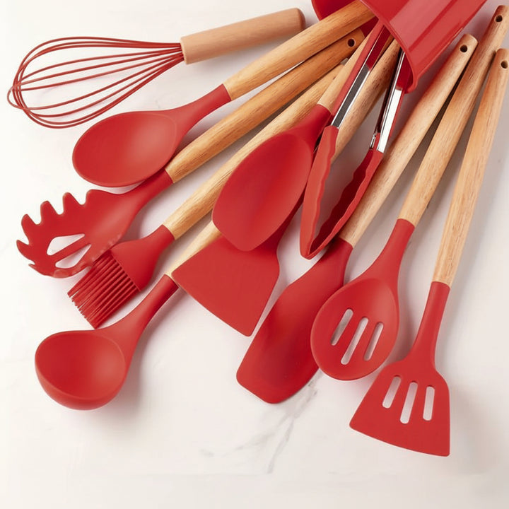 Kitchen Utensil Set Silicone Cooking Tools Wooden Handles