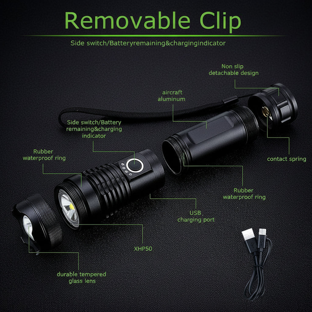 Hiking Laser Flashlight Waterproof High Lumen USB Rechargeable Light