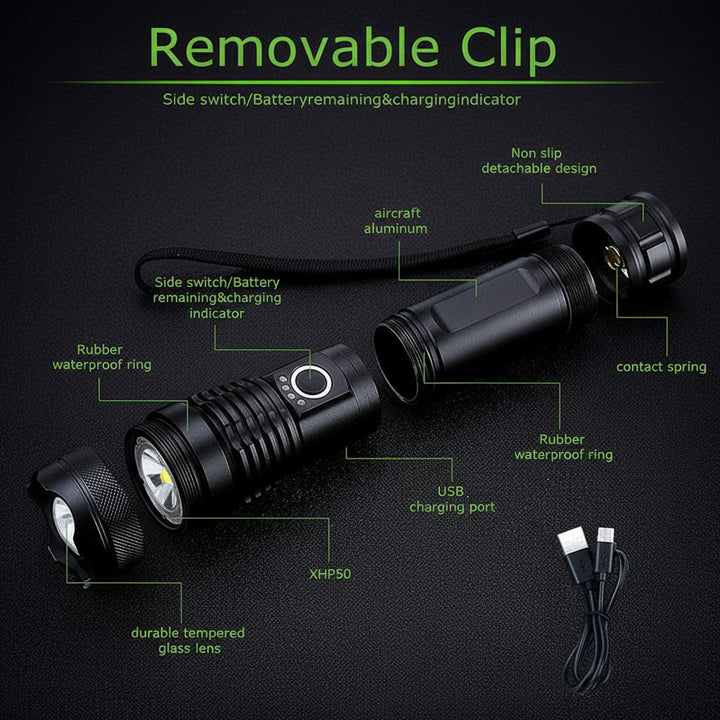 Hiking Laser Flashlight Waterproof High Lumen USB Rechargeable Light