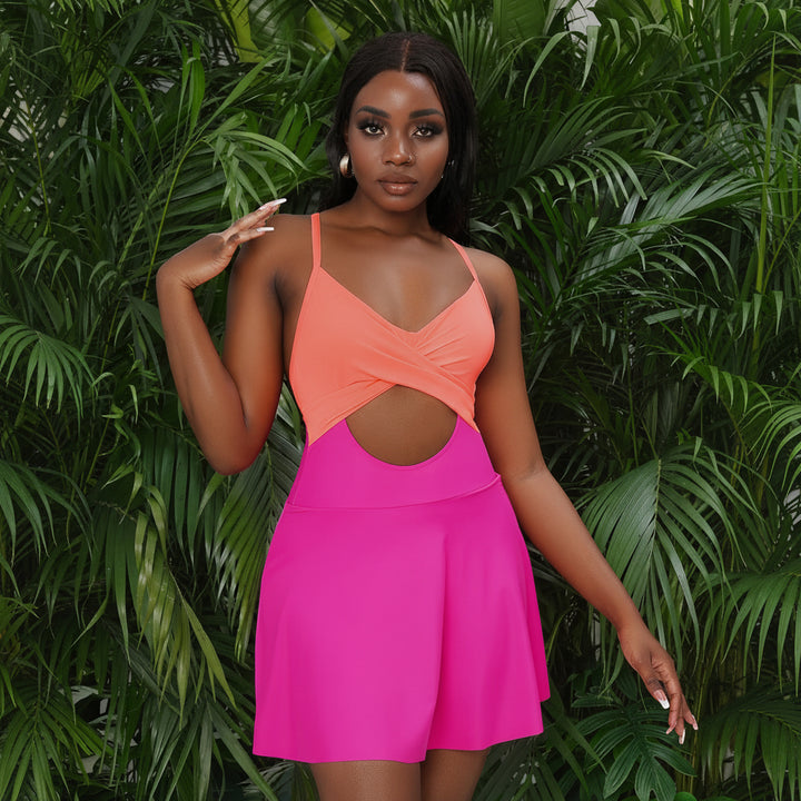 Costume da bagno donna intero con push up, scollo a V e gonna