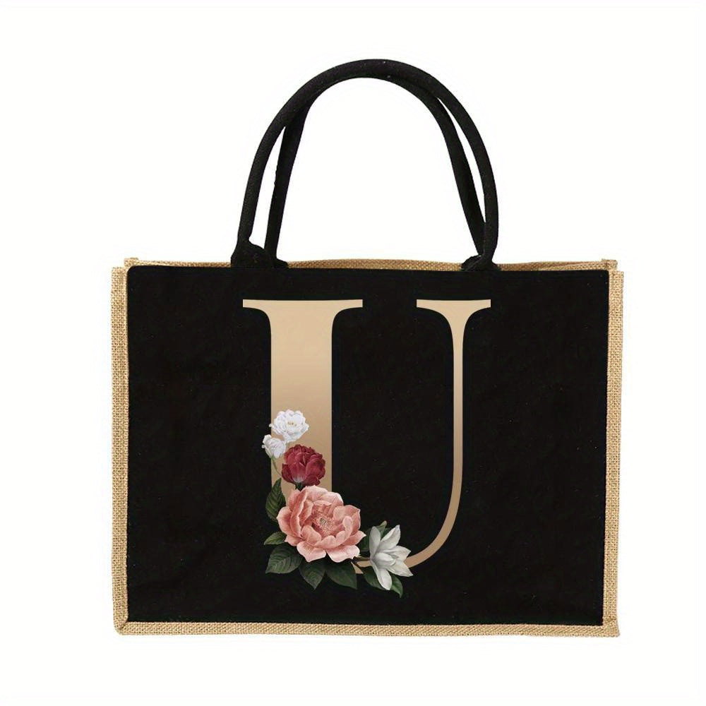 Tote Bag Personalized Initial Letter Floral Gift Mothers Day