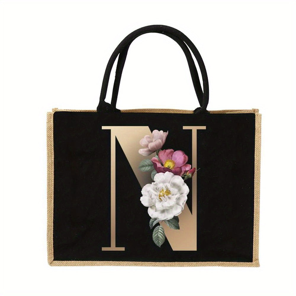 Tote Bag Personalized Initial Letter Floral Gift Mothers Day