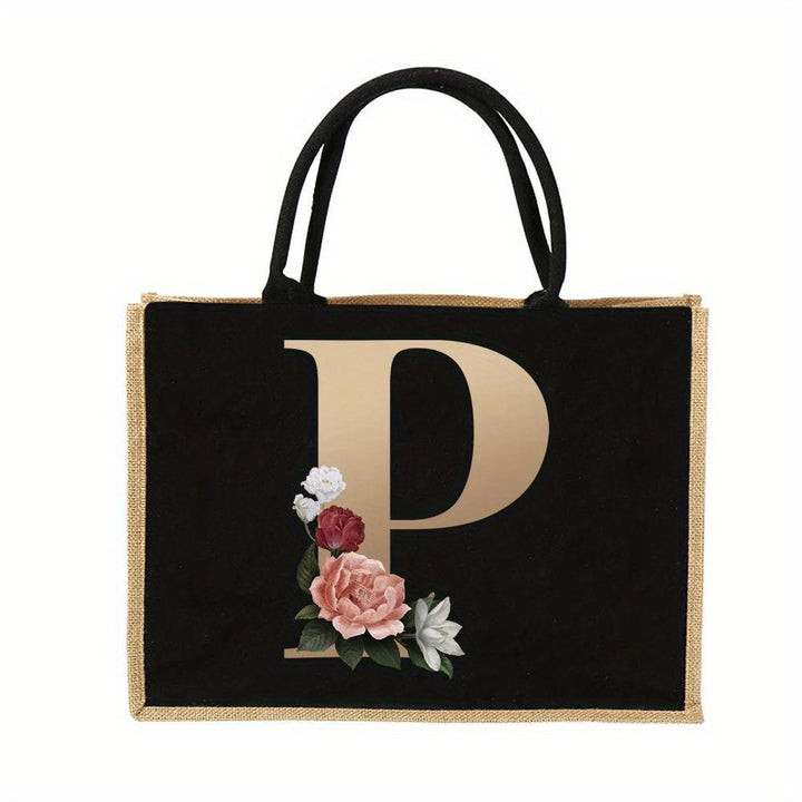 Tote Bag Personalized Initial Letter Floral Gift Mothers Day