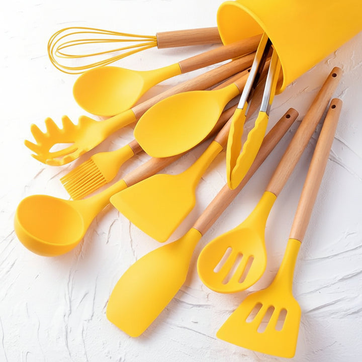Kitchen Utensil Set Silicone Cooking Tools Wooden Handles