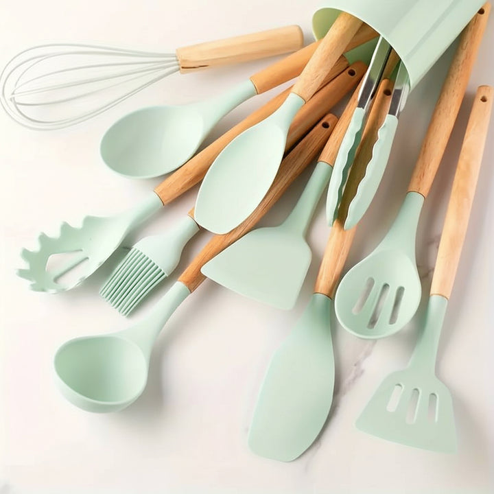 Kitchen Utensil Set Silicone Cooking Tools Wooden Handles