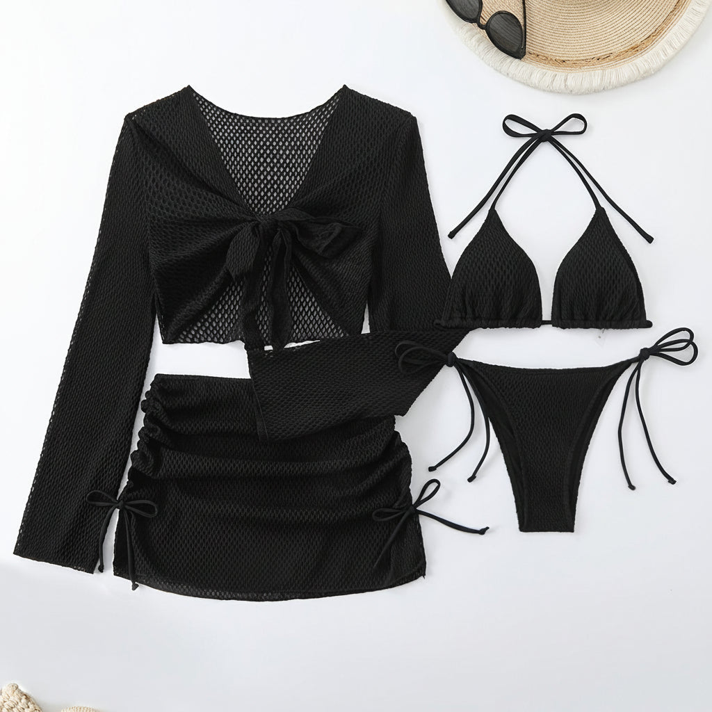 Set Bikini con Lacci, Spalle Scoperte, Costume da Bagno ad Alta Elasticità