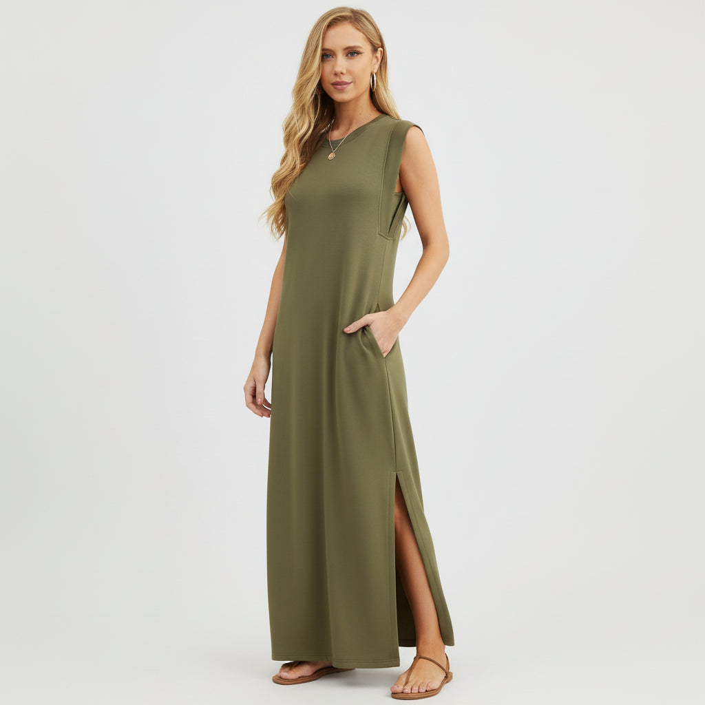 Maxi Dress Women Casual Sleeveless Pocket Long Summer Dress