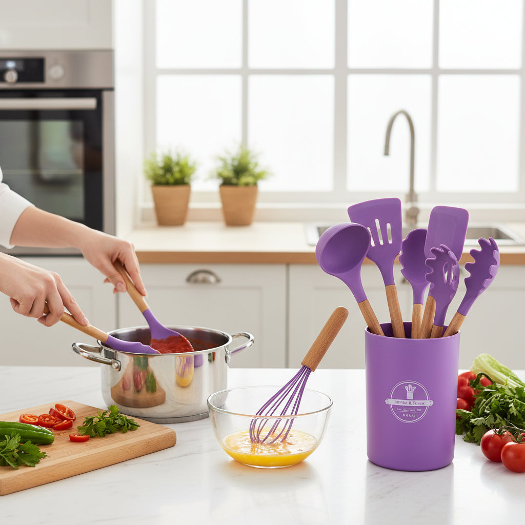Kitchen Utensil Set Silicone Cooking Tools Wooden Handles