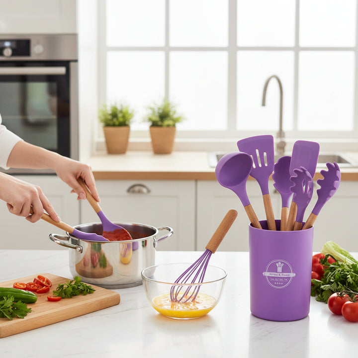 Kitchen Utensil Set Silicone Cooking Tools Wooden Handles