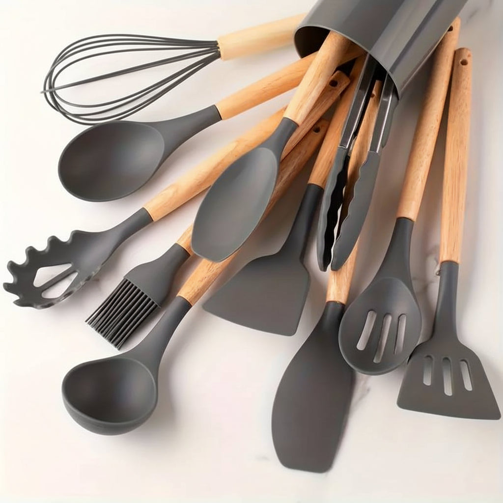 Kitchen Utensil Set Silicone Cooking Tools Wooden Handles