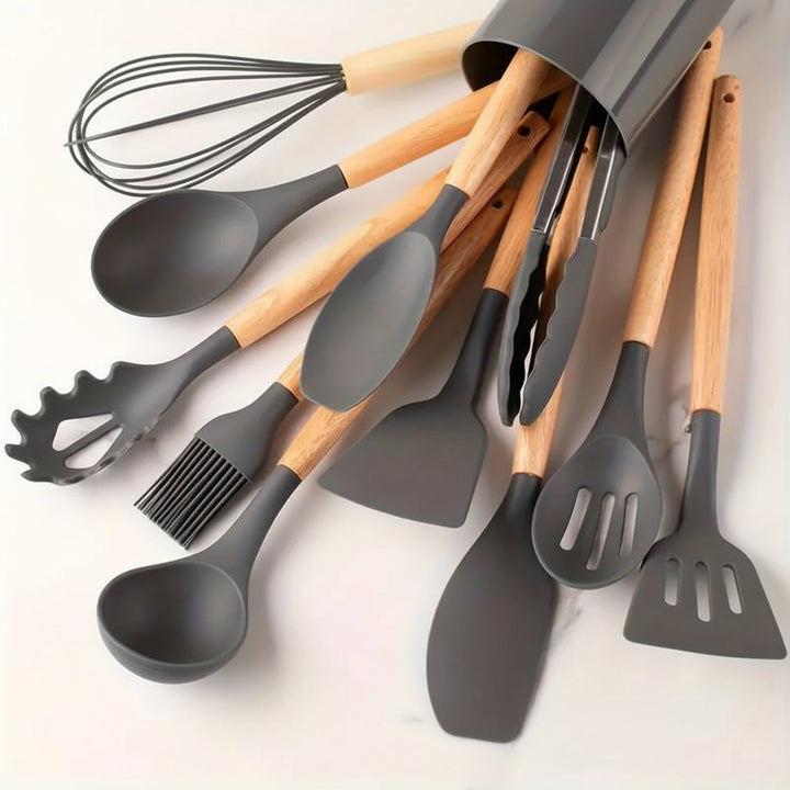 Kitchen Utensil Set Silicone Cooking Tools Wooden Handles