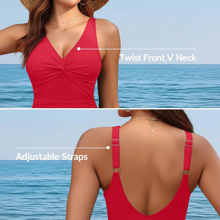 Costume intero donna con controllo pancia, arricciato, scollo a V, push up