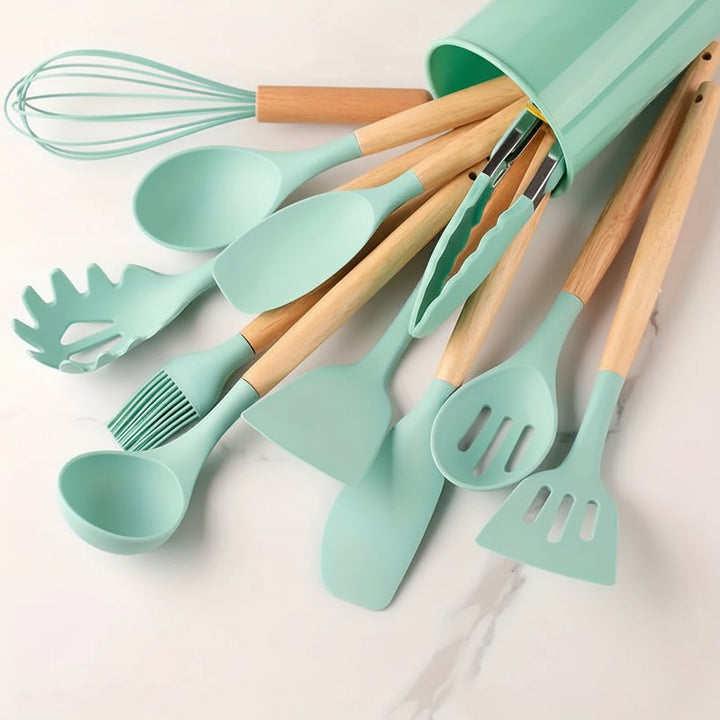 Kitchen Utensil Set Silicone Cooking Tools Wooden Handles