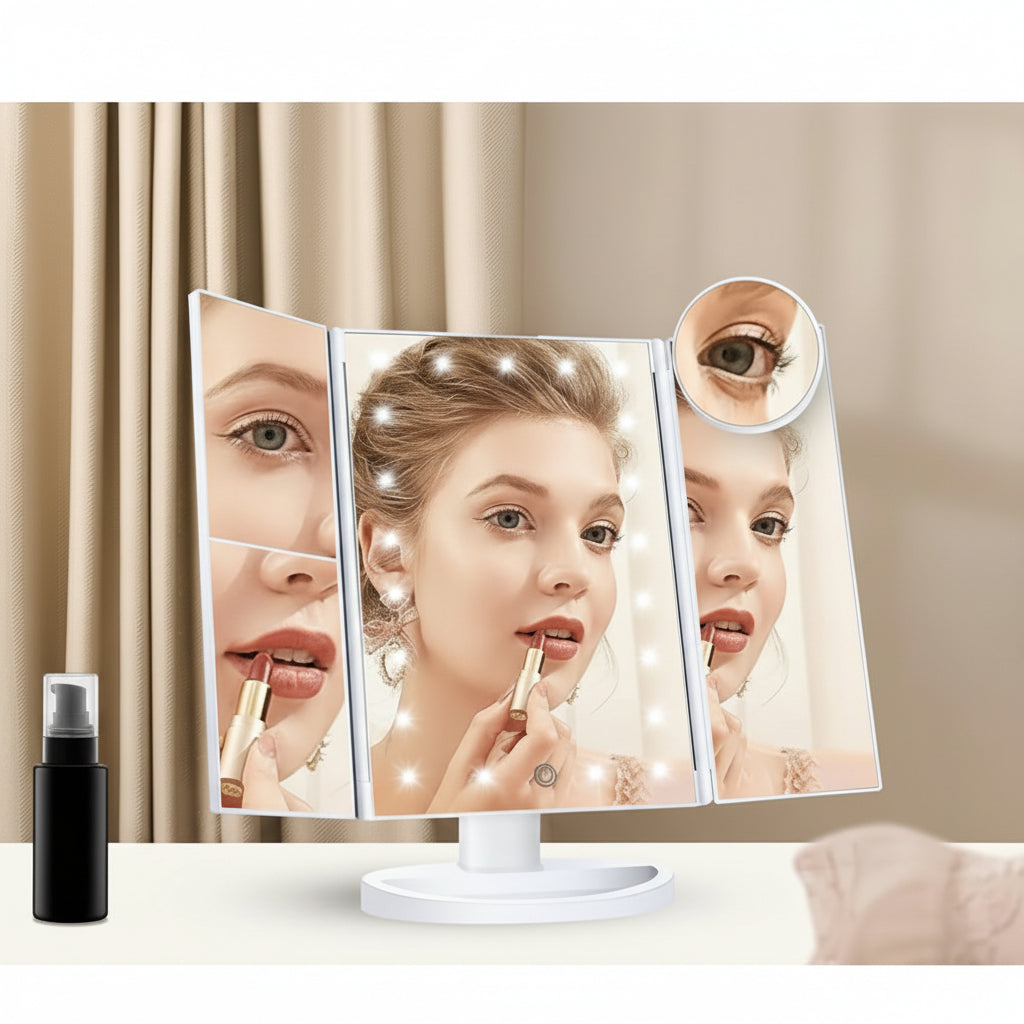 Specchio da Trucco Illuminato con Tre Ante, LED e Ingrandimento per Scrivania