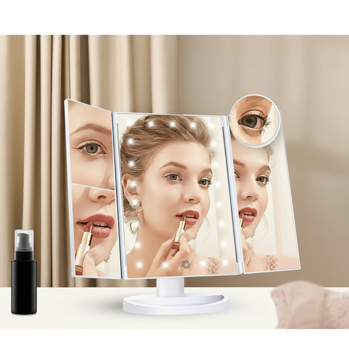 Specchio da Trucco Illuminato con Tre Ante, LED e Ingrandimento per Scrivania