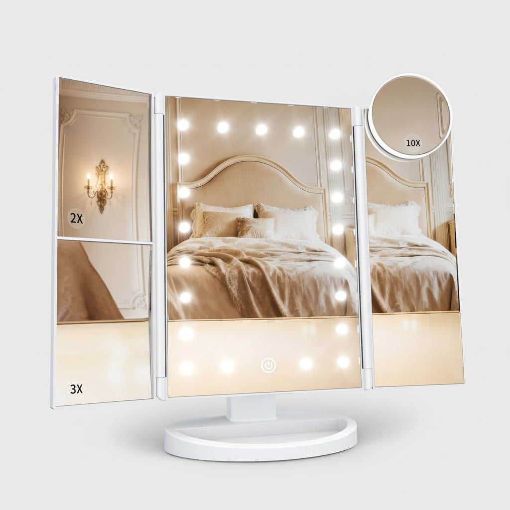 Specchio da Trucco Illuminato con Tre Ante, LED e Ingrandimento per Scrivania