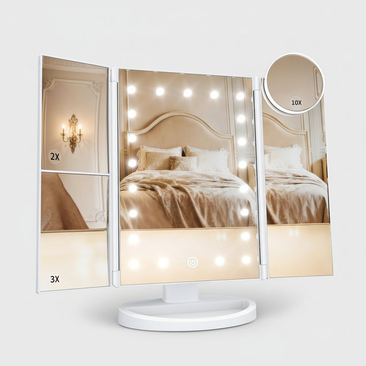 Specchio da Trucco Illuminato con Tre Ante, LED e Ingrandimento per Scrivania
