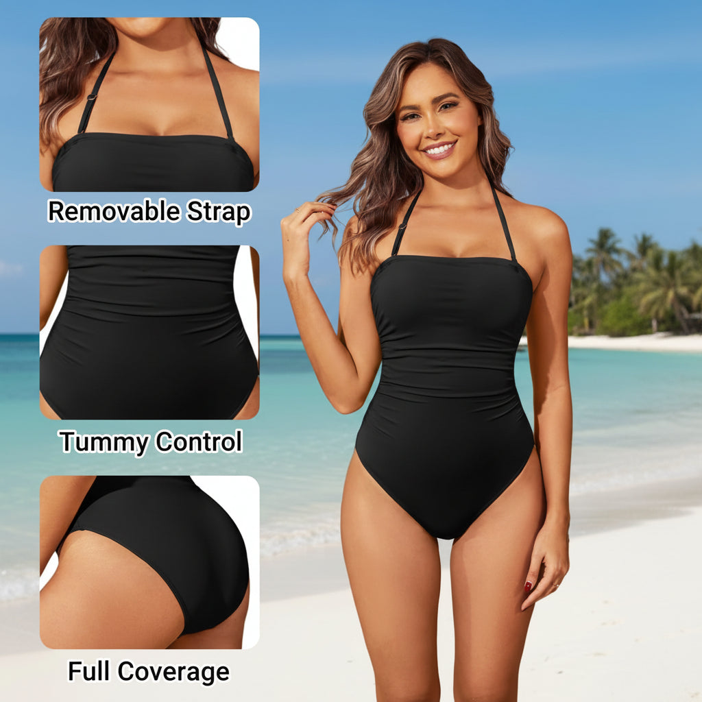 One Piece Swimsuit Tummy Control Bandeau Strapless Push Up Women