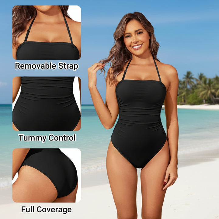 One Piece Swimsuit Tummy Control Bandeau Strapless Push Up Women