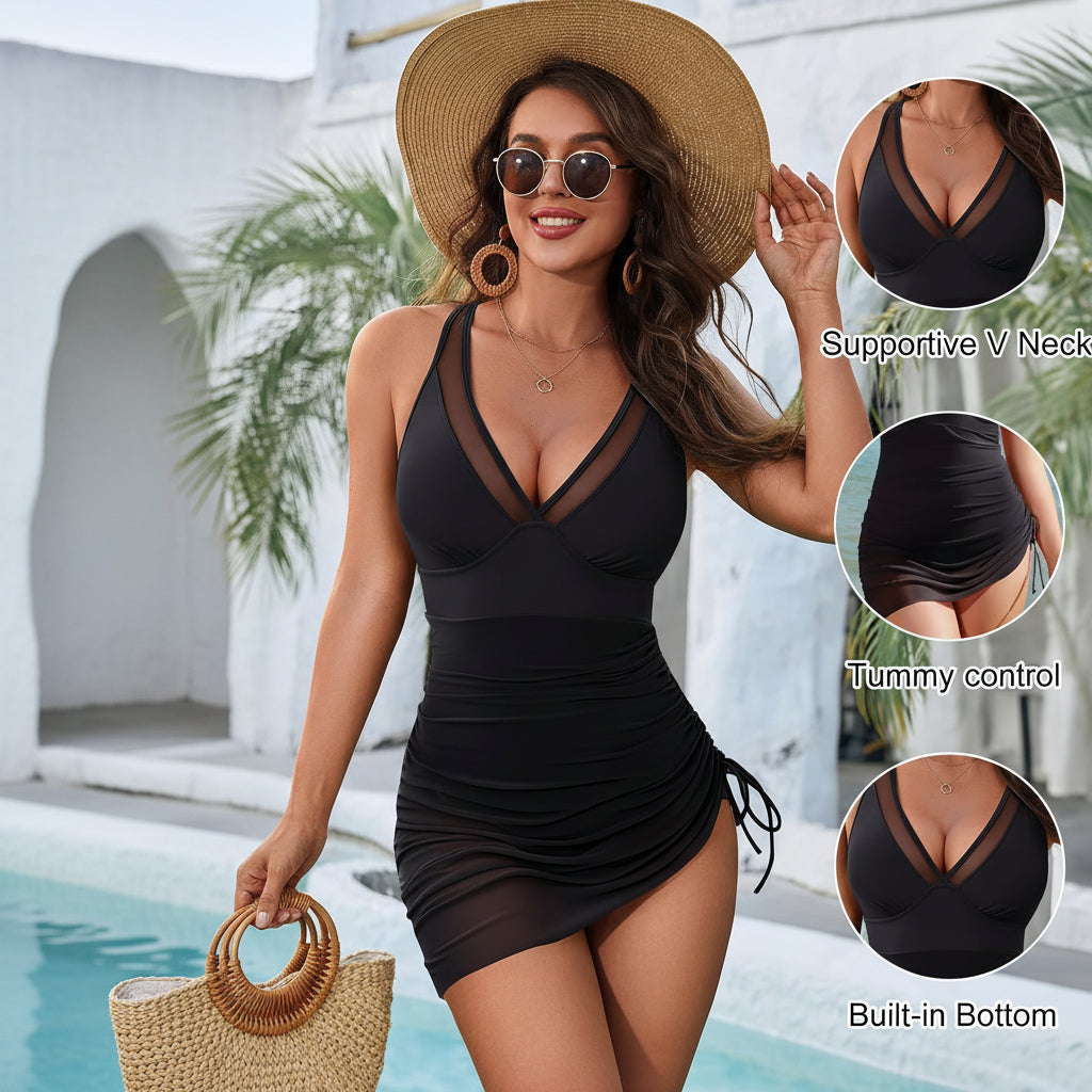 One Piece Swimsuit Tummy Control Swim Dress Mesh V Neck Women