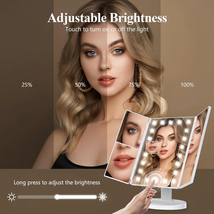 Specchio da Trucco Illuminato con Tre Ante, LED e Ingrandimento per Scrivania