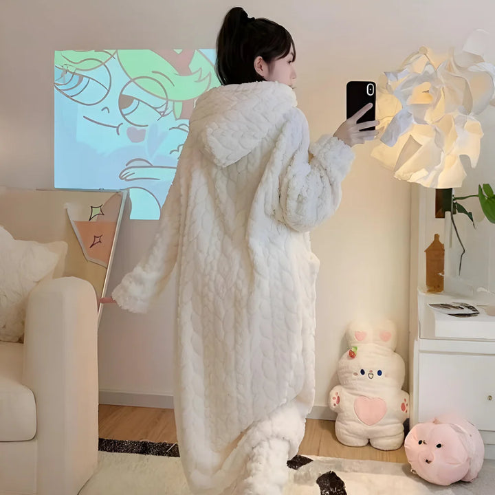 Hooded Womens Bathrobe Long Sleeve Lounge Robe Winter