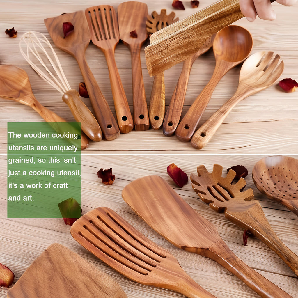 Kitchen Utensil Set Wooden Teak Cooking Tools Holder