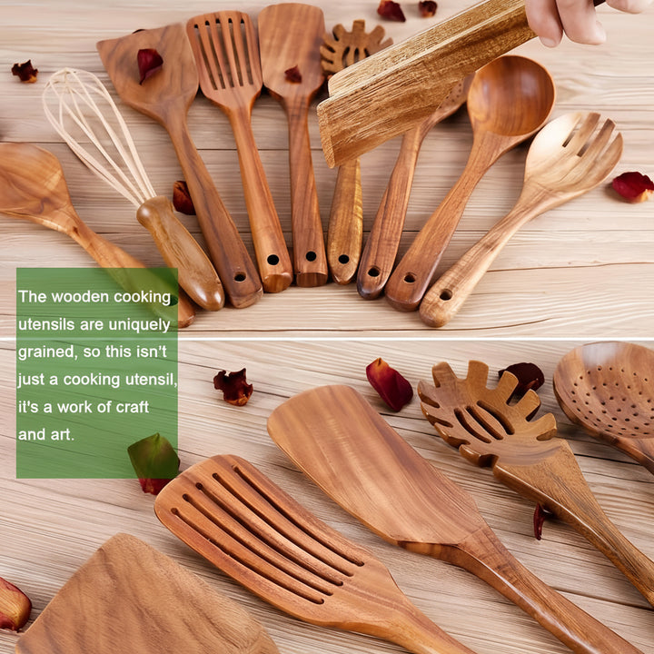 Kitchen Utensil Set Wooden Teak Cooking Tools Holder