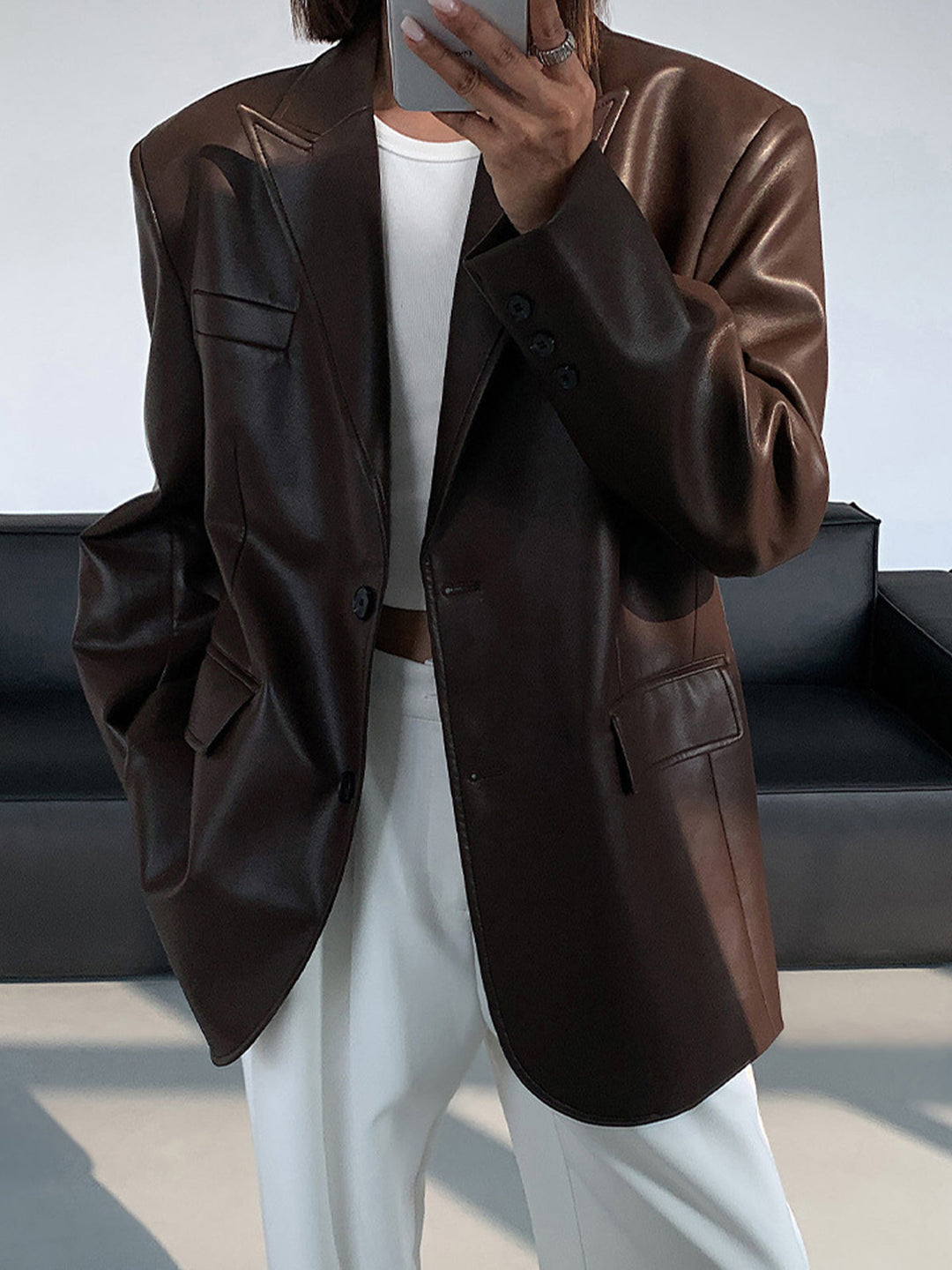 Blazer Noir Femme en PU avec Poches – Élégance et Confort pour un Style Chic 7
