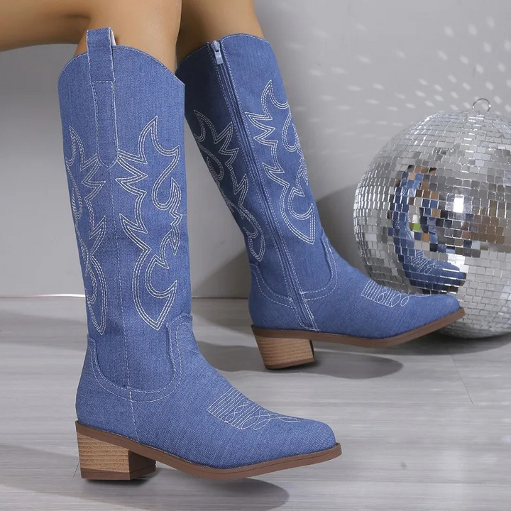 Bottes Cowboy Femme en Denim Bleu avec Broderie – Élégantes et Confortables pour Toutes Occasions 0