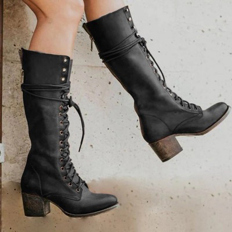 Bottes Hautes Noires Femme en Cuir PU avec Talons Épais et Lacets – Élégance et Confort 0