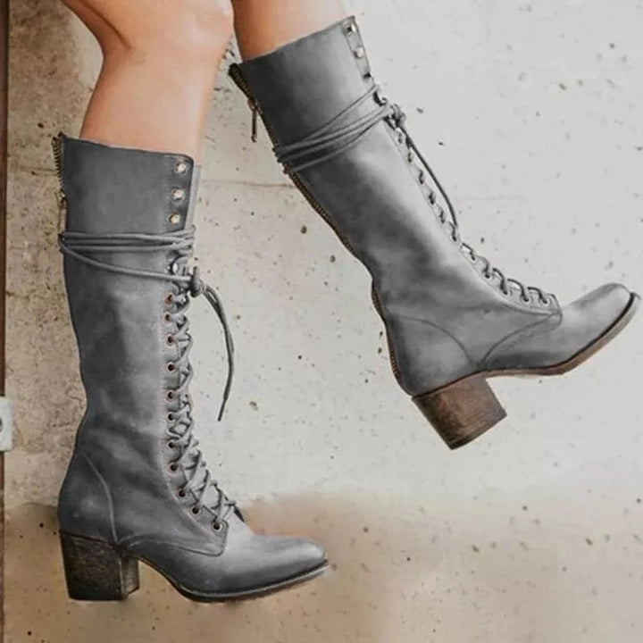 Bottes Hautes Noires Femme en Cuir PU avec Talons Épais et Lacets – Élégance et Confort 1