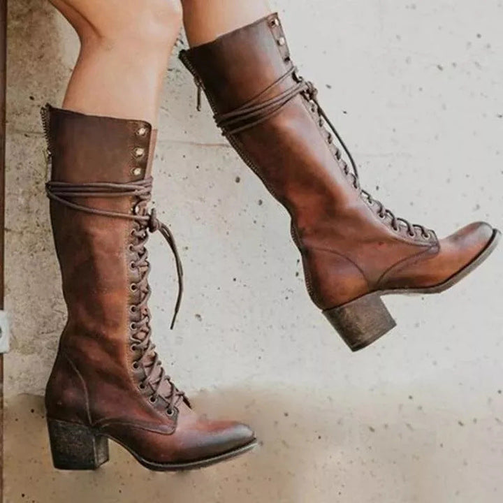 Bottes Hautes Noires Femme en Cuir PU avec Talons Épais et Lacets – Élégance et Confort 2