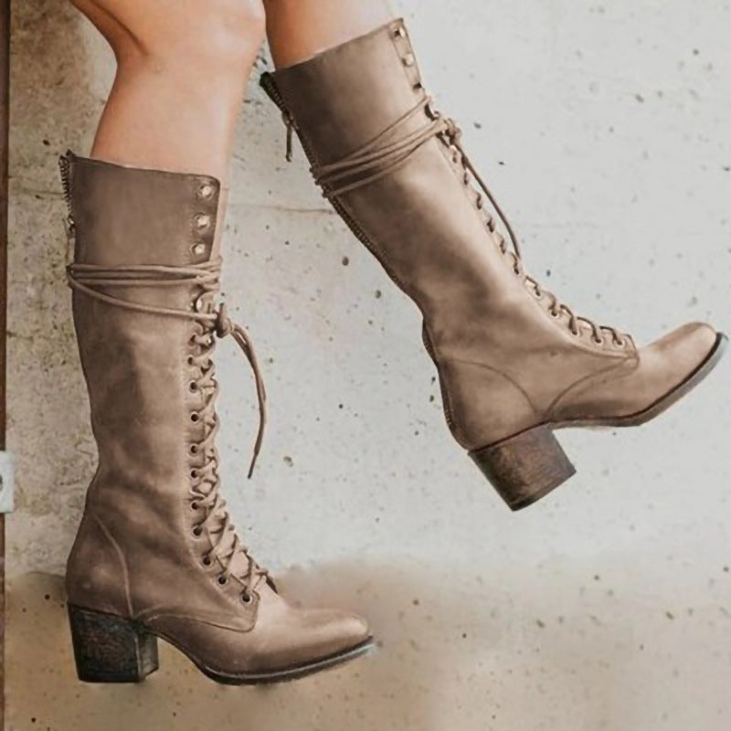 Bottes Hautes Noires Femme en Cuir PU avec Talons Épais et Lacets – Élégance et Confort 3