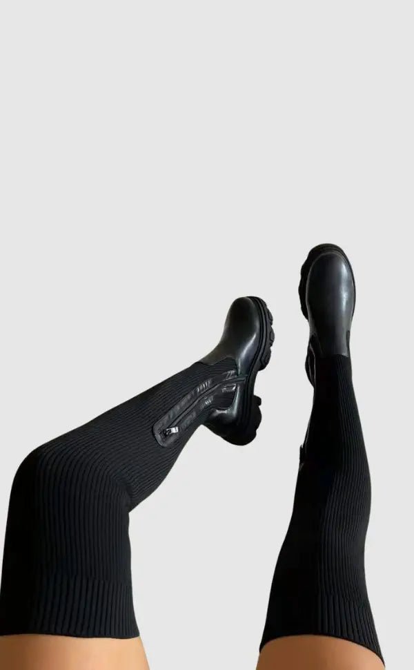 Bottes Hiver Femme en Tricot Extensible Noires – Élégantes et Confortables, Idéales pour Toutes Occasions 1