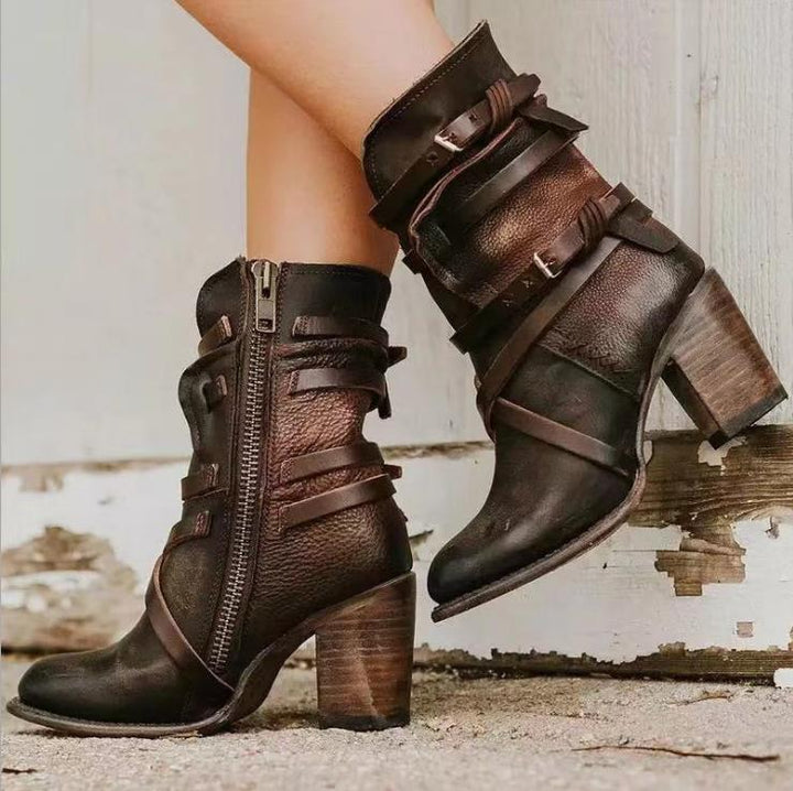 Bottines Noires Femme en Cuir Vieilli à Talon Épais - Élégance et Confort au Quotidien 1