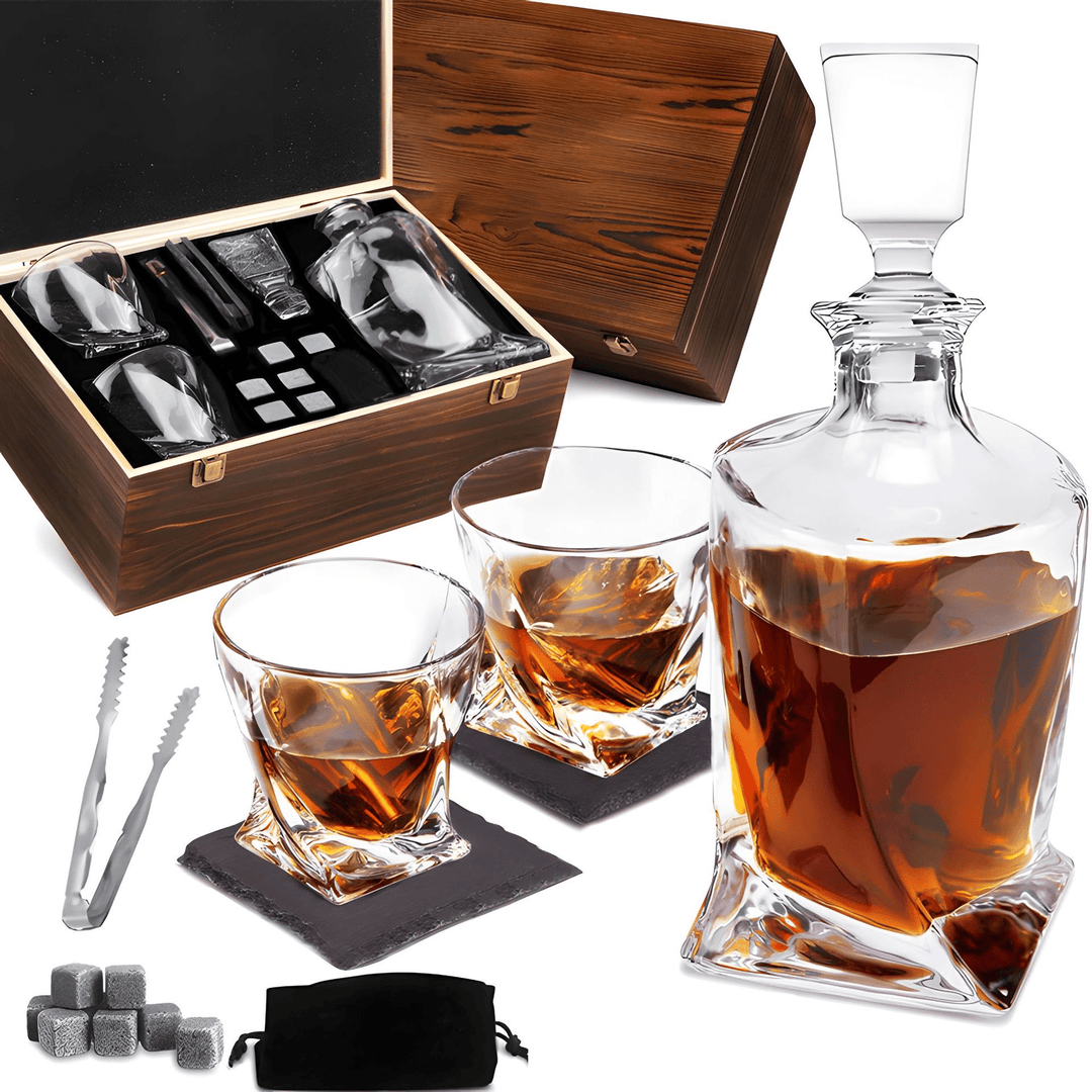 Carafe à Whisky en Cristal 850 ml avec 2 Verres et 8 Pierres de Refroidissement – Ensemble Élégant pour Dégustation de Whisky 0