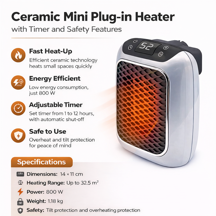 Riscaldatore compatto in ceramica con timer e funzioni di sicurezza per ambienti piccoli
