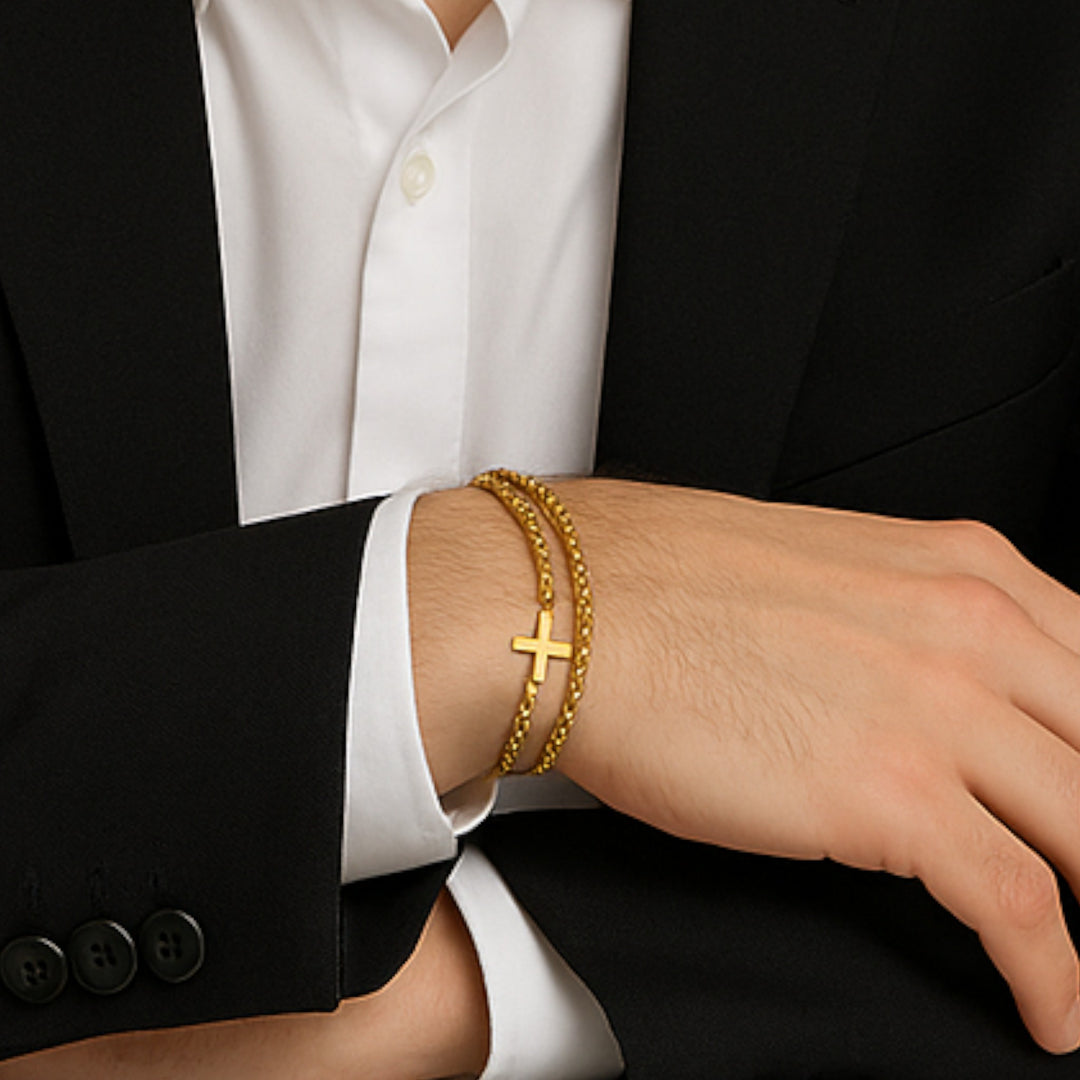 Celzoir | Bracelet Homme Double Chaîne Croix Doré