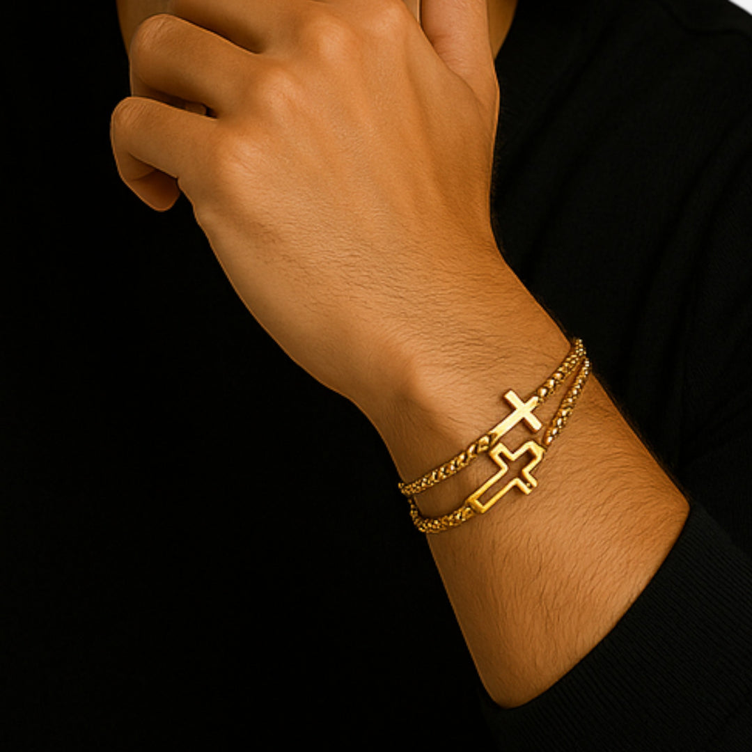 Celzoir | Bracelet Homme Double Chaîne Croix Doré