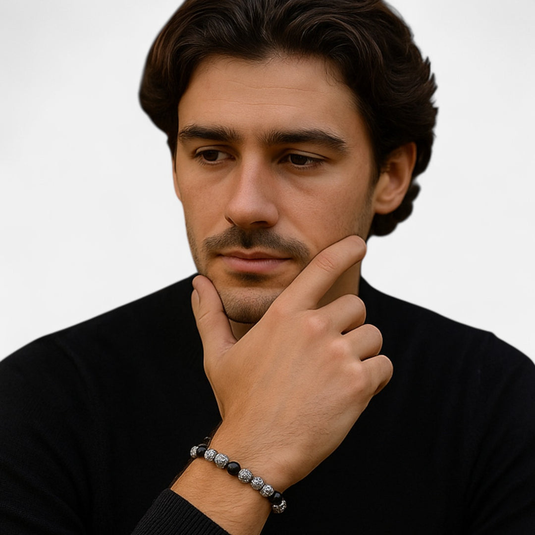 Celzoir | Bracelet Classy Homme en Perles d'Obsidienne et Argent Sterling 925 – Élégance Intemporelle et Raffinement Masculin