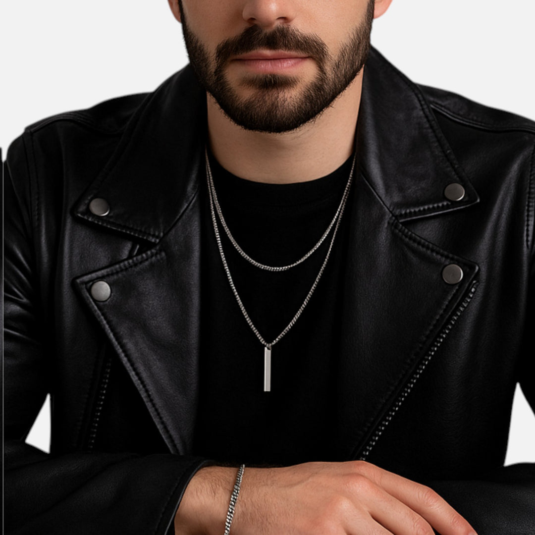 Celzoir | Collier Classy Homme à Pendentif Barre Verticale en Acier Inoxydable – Superposition de Chaînes Cubaine et Corde de Blé