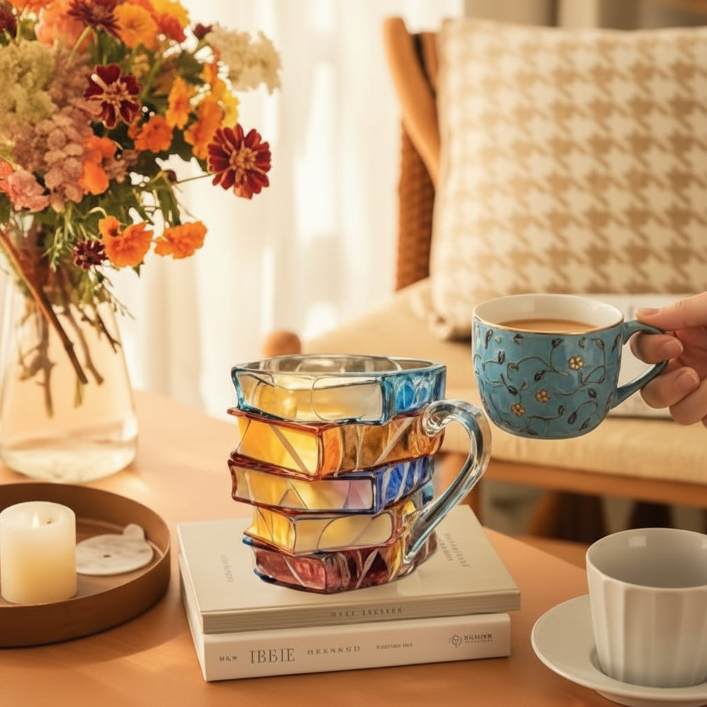 Tazza da Caffè Stile Vetro Colorato con Design a Libro Tazza da Tè