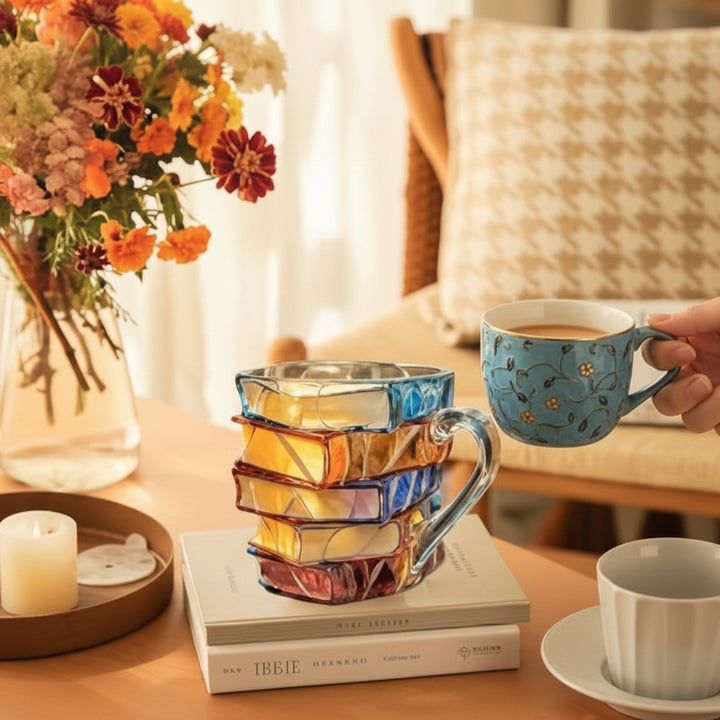 Tazza da Caffè Stile Vetro Colorato con Design a Libro Tazza da Tè