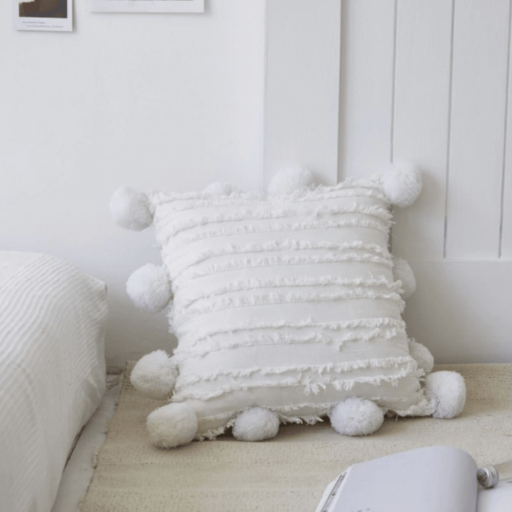 Coussins Décoratifs Doux avec Pompons pour Canapé – Style Rêveur en Lin et Coton, 45x45 cm 0