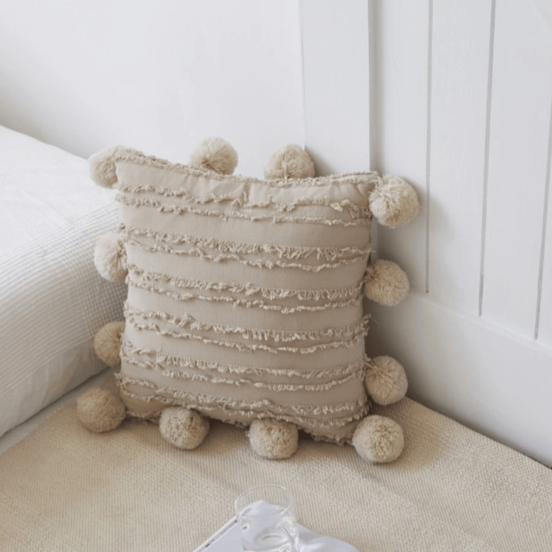 Coussins Décoratifs Doux avec Pompons pour Canapé – Style Rêveur en Lin et Coton, 45x45 cm 10