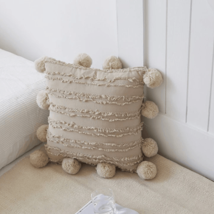 Coussins Décoratifs Doux avec Pompons pour Canapé – Style Rêveur en Lin et Coton, 45x45 cm 10