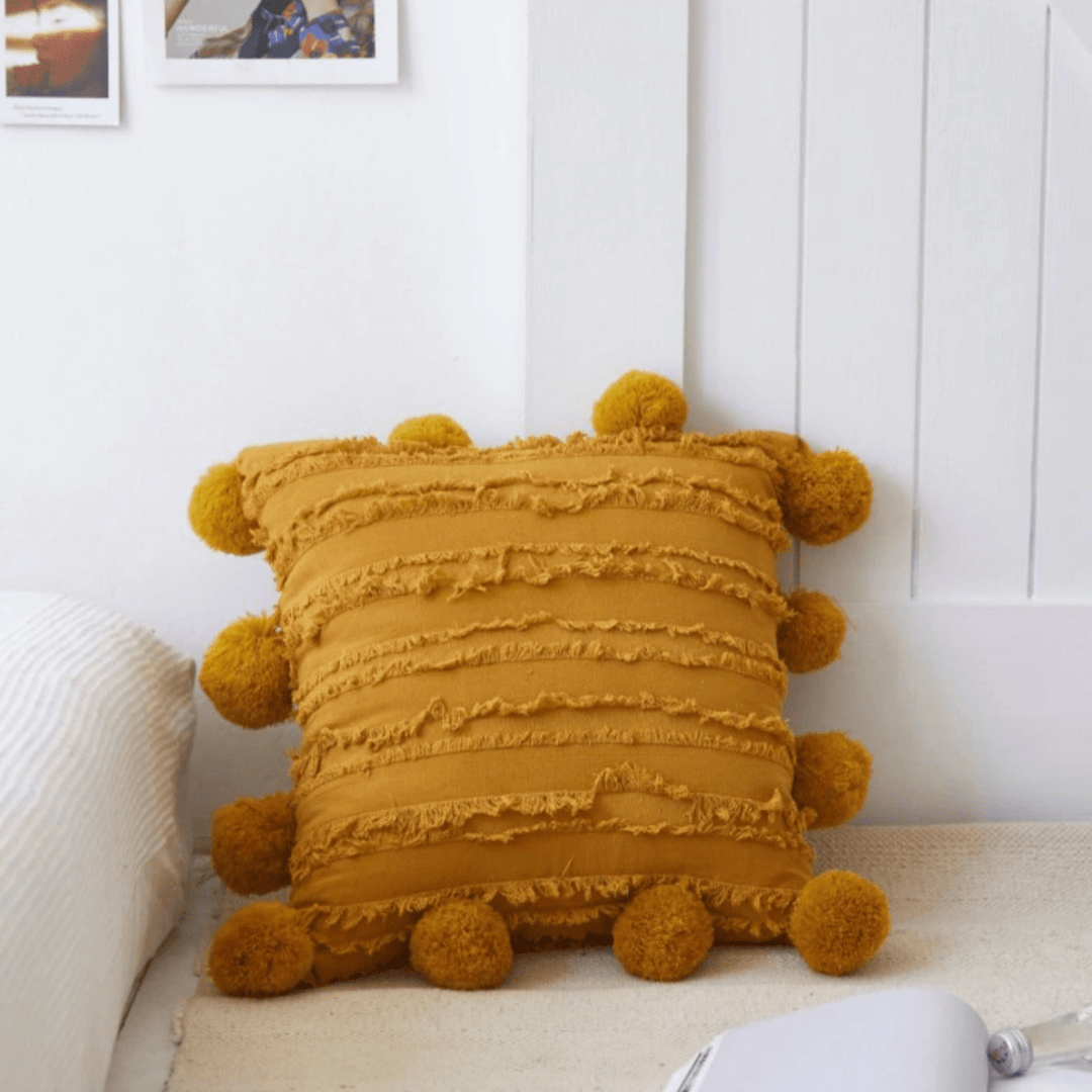 Coussins Décoratifs Doux avec Pompons pour Canapé – Style Rêveur en Lin et Coton, 45x45 cm 11