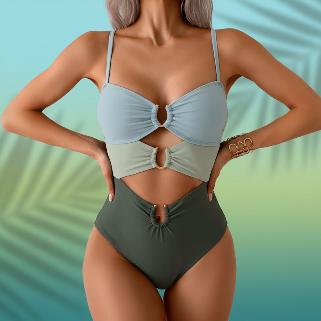 Costume da bagno con ritaglio, anello metallico, spalline regolabili, per vacanza